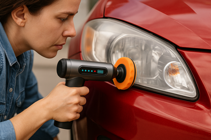 Femme utilisant machine à polir pour rénovation phares voiture rouge - Résultat professionnel